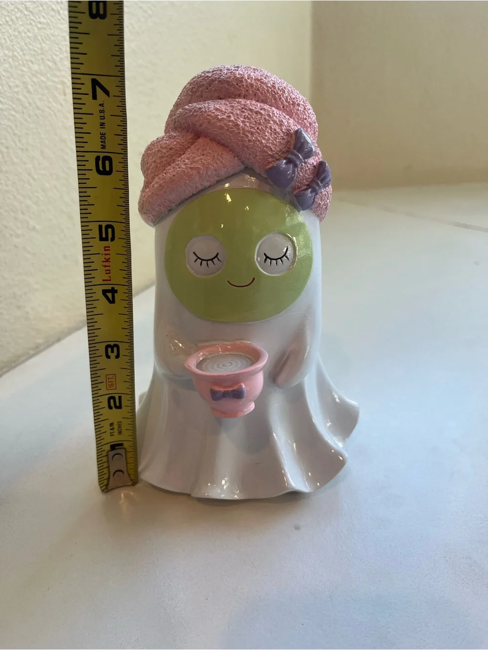 Halloween Spa Ghost Figurine with Pink Towel Face Mask and Tea Cup